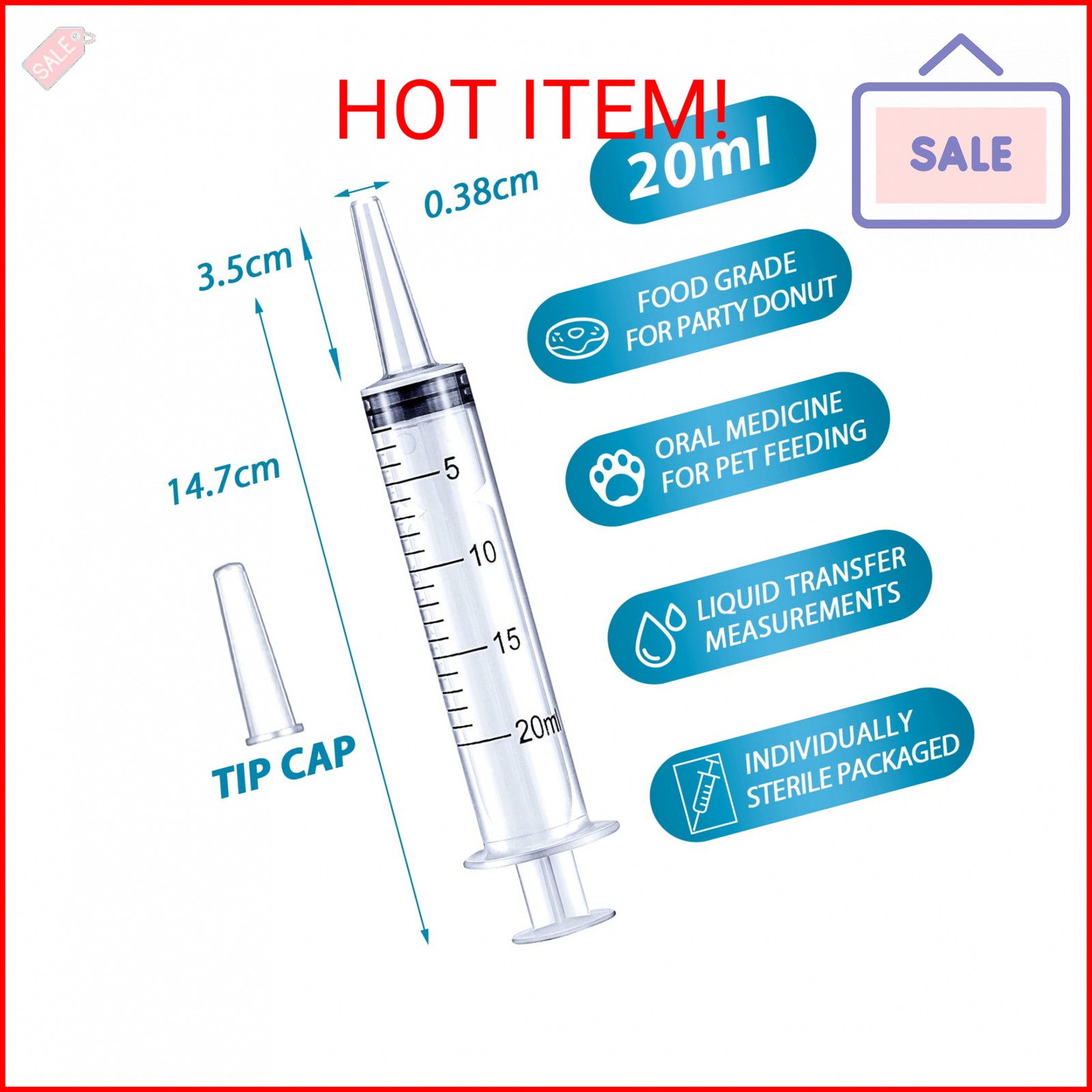 20ml Syringe for Liquid, Oral, Scientific Labs, Measurement, Dispensing, with Ca