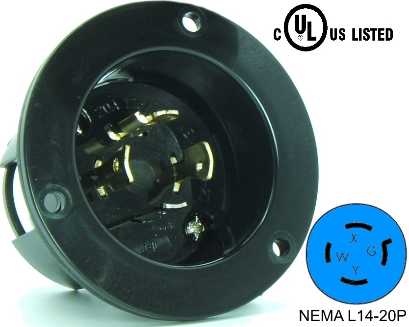 Black L14-20P Flanged Power Inlet Generator Plug 250 Volt Receptacle 20AMP