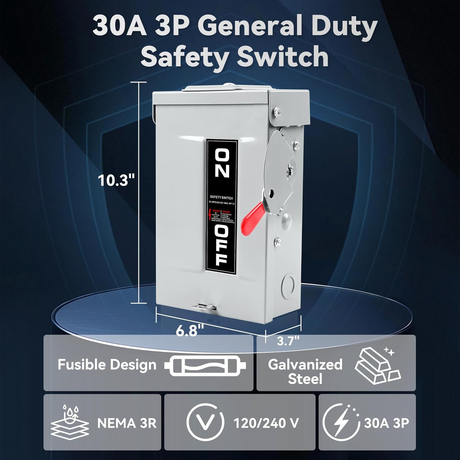 3P 30 Amp Fused Disconnect, 3 Phase Disconnect, 110/240V, Heavy Duty Metal Struc