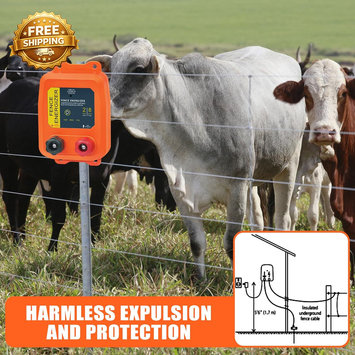 Electric Fence Charger PE2 0.10 Joule 2-Mile/ 8 Acres Plug in Electric Fence Cha
