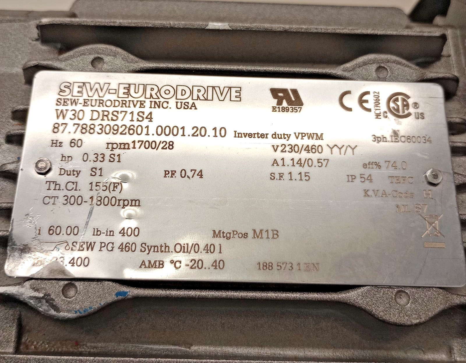 SEW Eurodrive W30-DRS71S4-60.0 New GearMotor 3ph 1700/28rpm 230/460V Ratio 60:1