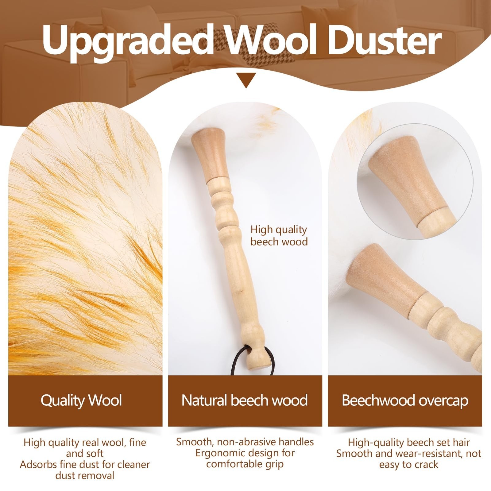 Lambswool Duster for Cleaning with Solid Wooden Handle Leather Hang Strap 19….