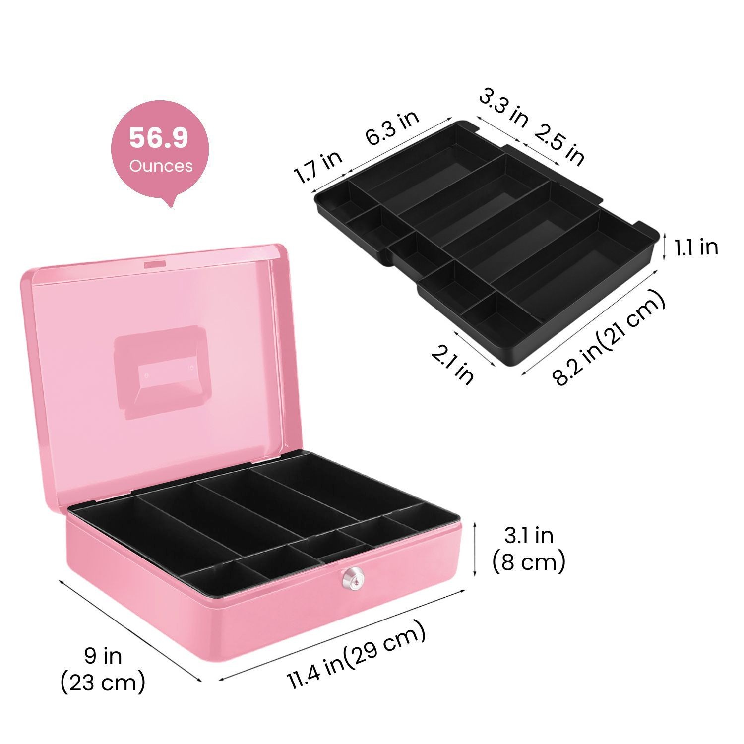 Cash Box with Money Tray, 2 Keys, Security Lock Box w/ Removable 9 Compartment