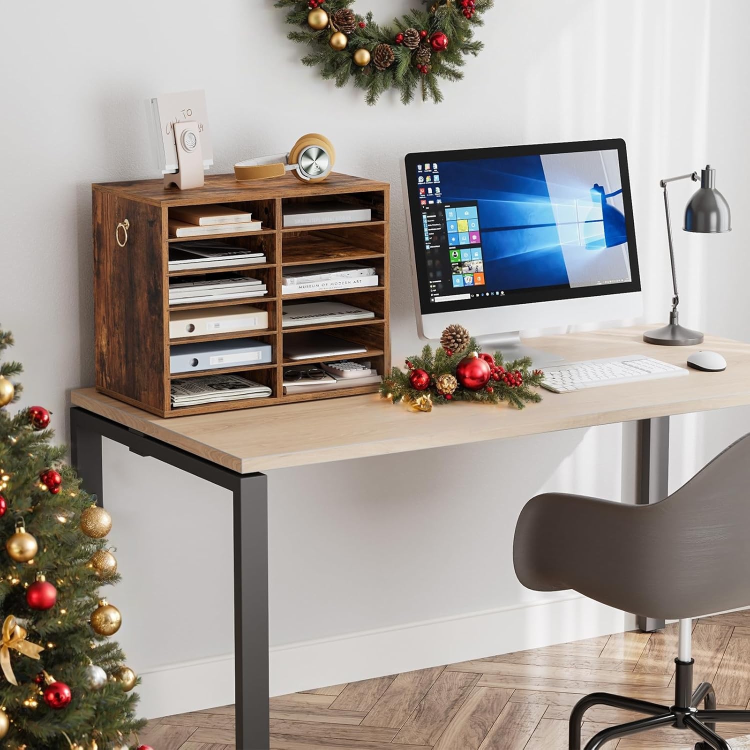 12-compartment wooden literature organizer with adjustable shelves