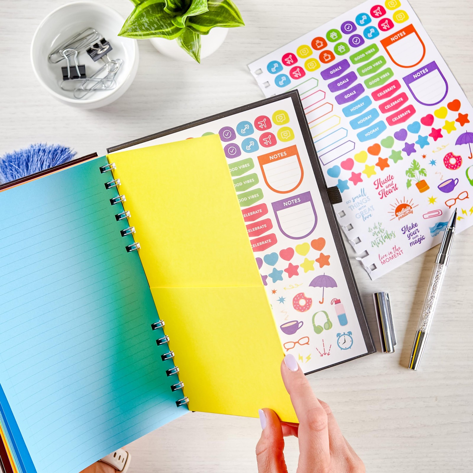 Astrobrights Black Matte Twin Wire Journal with 80 Colorful Stickers 180 Pages