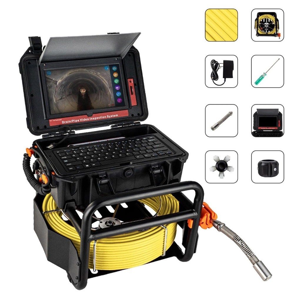 300FT Sewer Camera w/ 10.1″ Touchscreen Self-Leveling 12 LED Lights & Recording