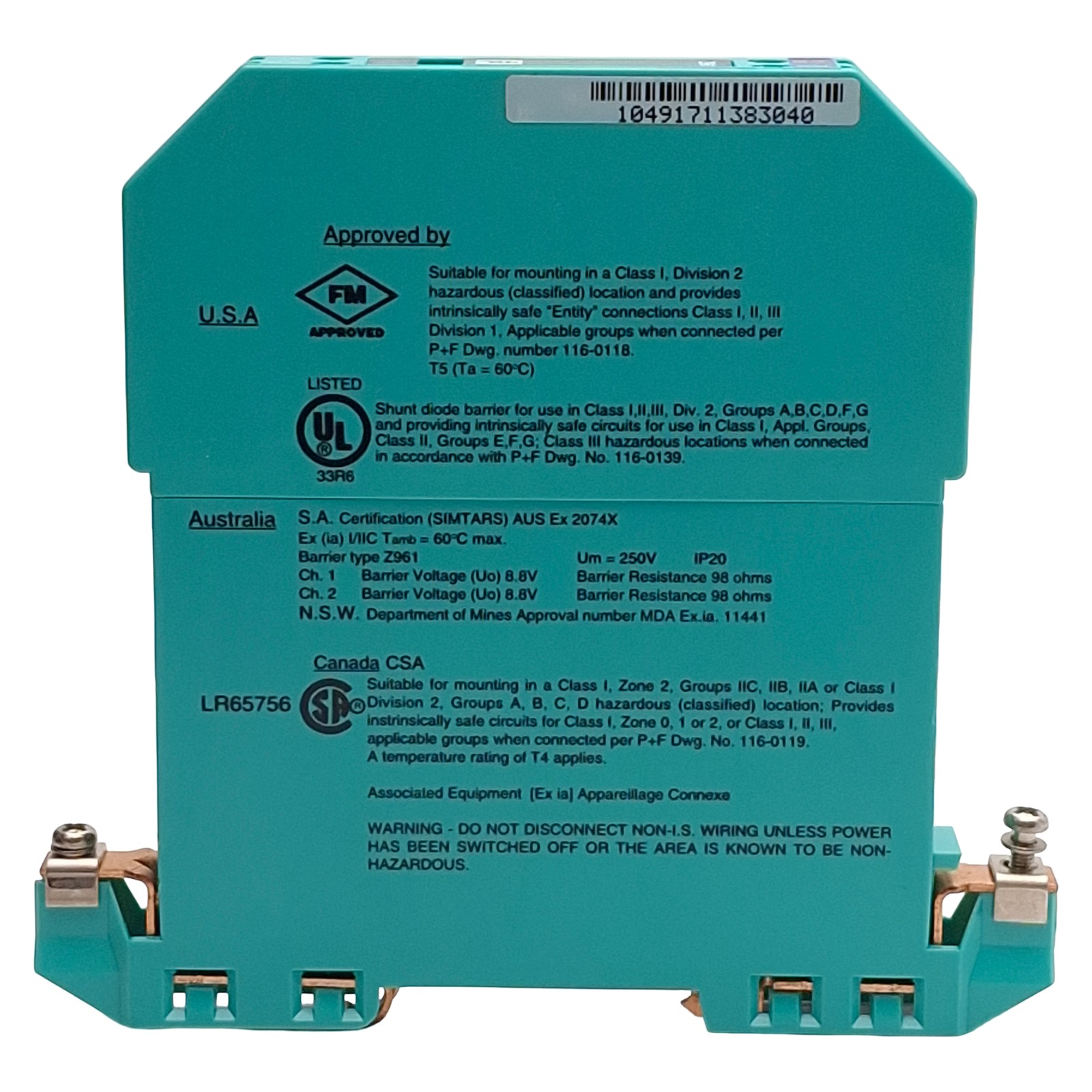 Pepperl + Fuchs 71795 Z961 Safe Snap Zener Barrier 2-Ch, 6.5V @ 10µA, AC Version
