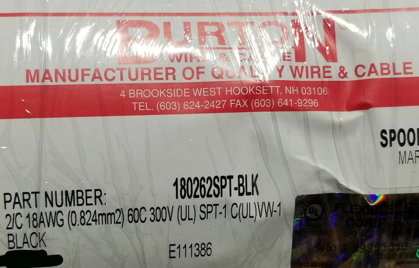 Burton 18/2C SPT-1 Lamp/Appliance Power Cord Cable 10Amps 60C/300V Black /50ft