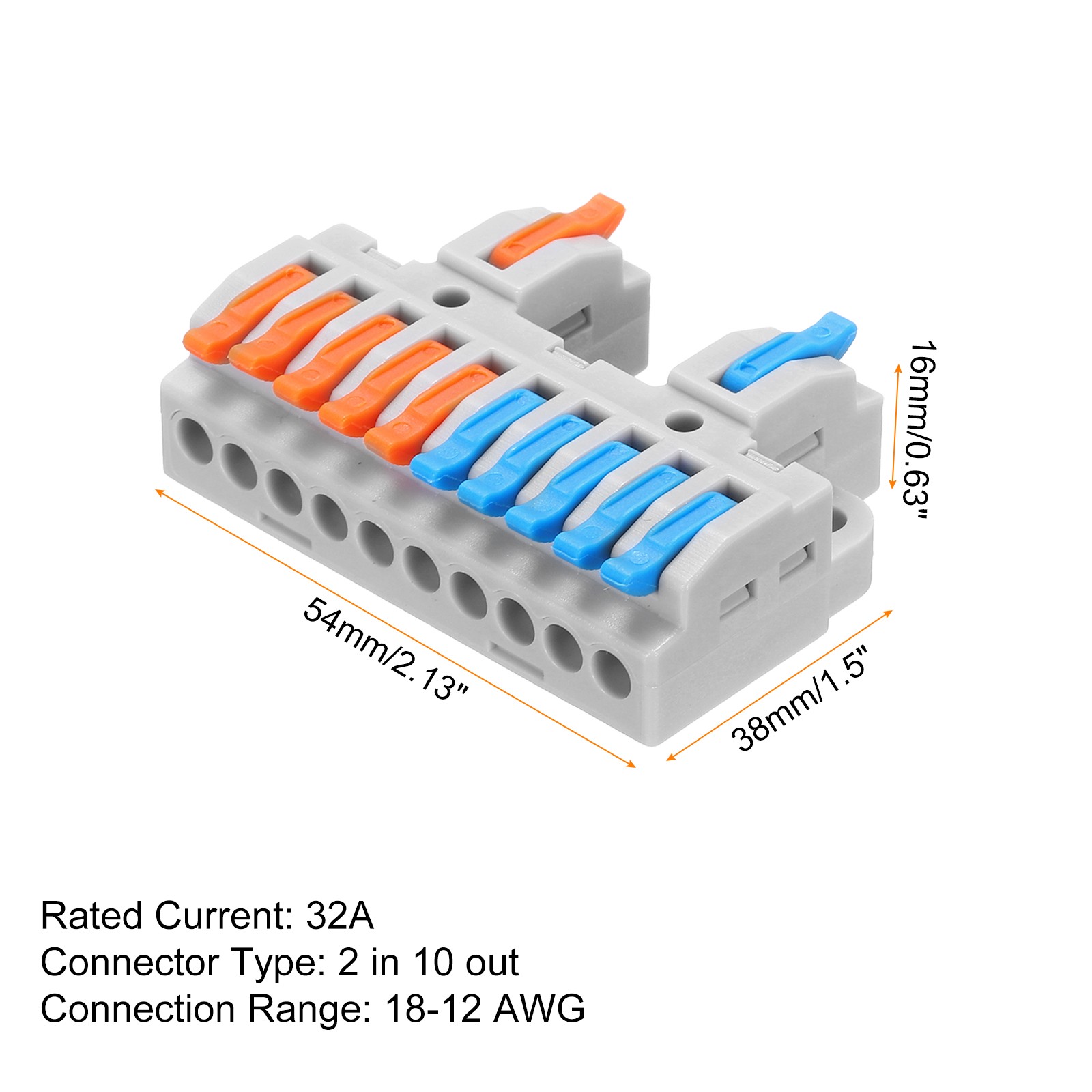 10 x Din Rail Press Quick Terminal Wire Connectors 2 in 10 Out 32A 28-12AWG
