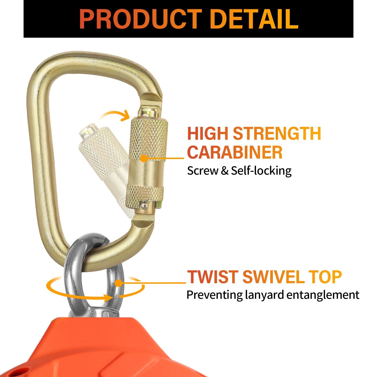 TRSMIMA Fall Protection Retractable Lanyard – 20ft 20ft, ORANGE
