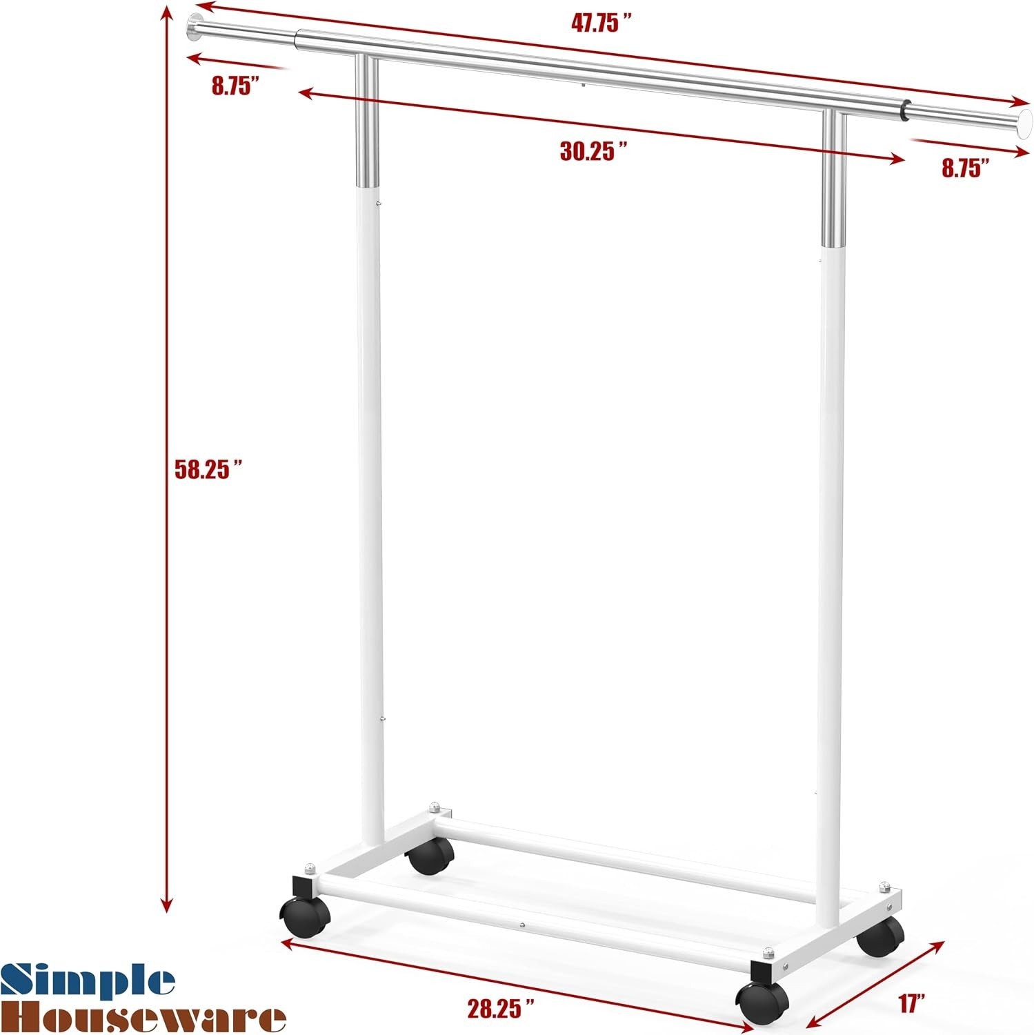 Extendable Clothing Rack with Rolling Wheels, Adjustable Width 30 to 47 Inches