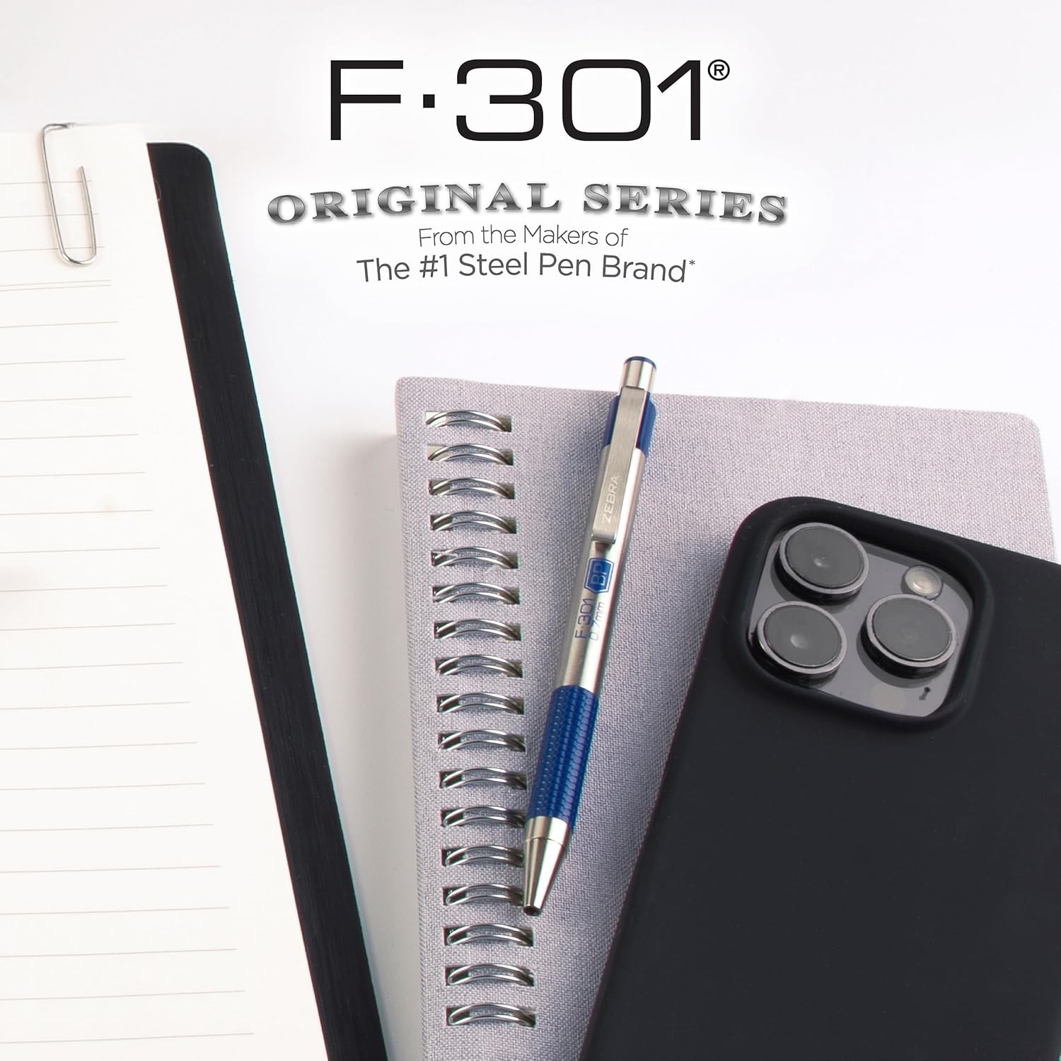 F-301 Ballpoint Blue Ink Fine Point 0.7mm Pen, Easy-Glide Ink, Stainless Steel
