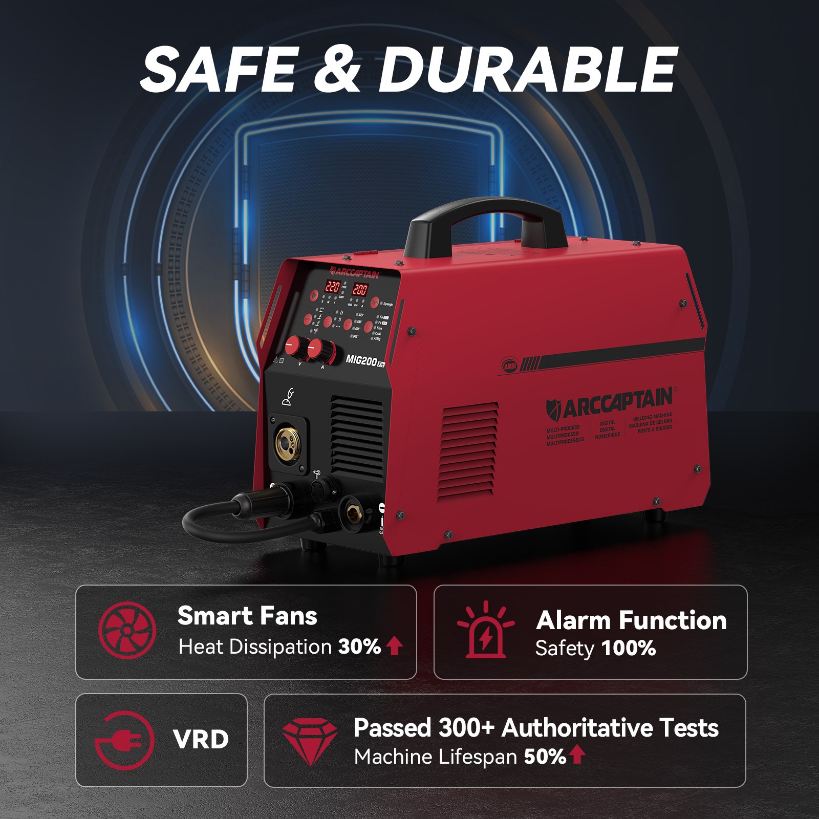 ARCCAPTAIN 6 in 1 Aluminum MIG Welder 200A Synergy +Large Viewing Welding Helmet