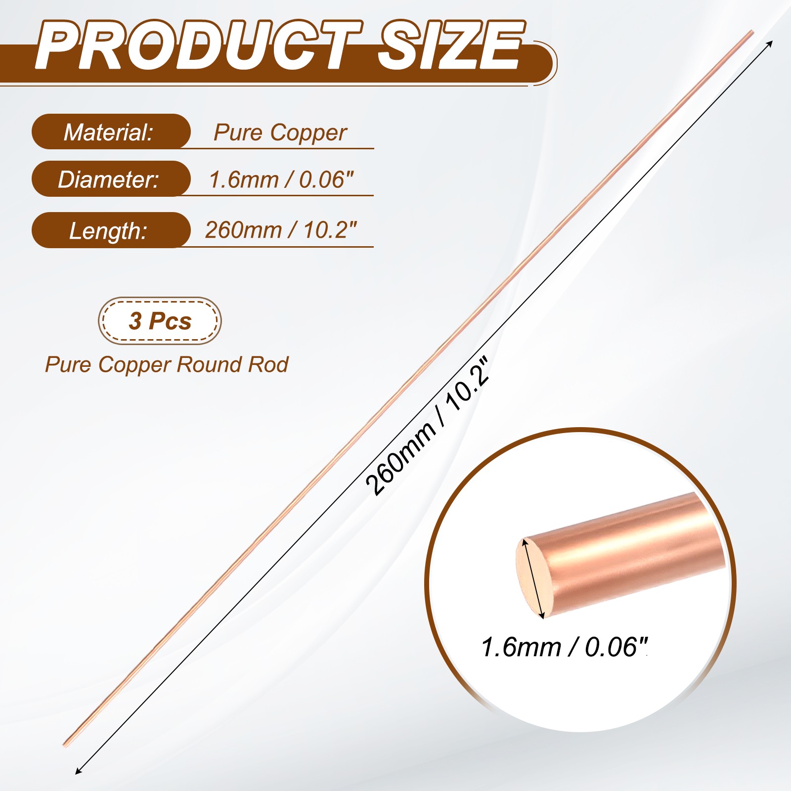3Pcs 99.99% Pure Copper Round Rod, 1.6mm / 0.06″ Dia 10.2″ Length for DIY