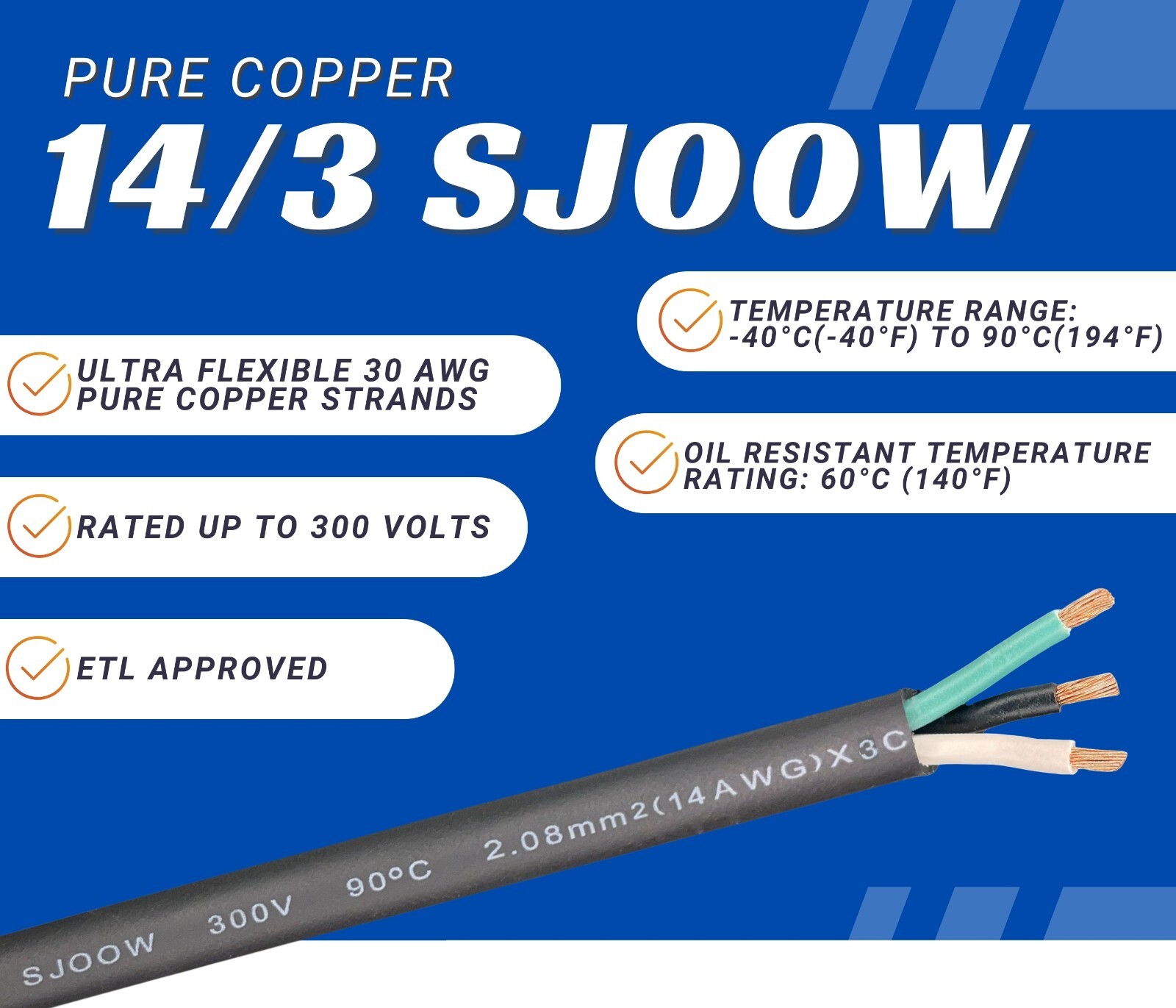 WindyNation 2-DAY SHIPPING 14/3 SJOOW Cable 14 Gauge 3 Conductor 300V Cable Wire