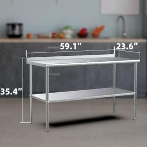 60» x 24» Stainless Steel Table for Prep & Work with Backsplash for Kitchen