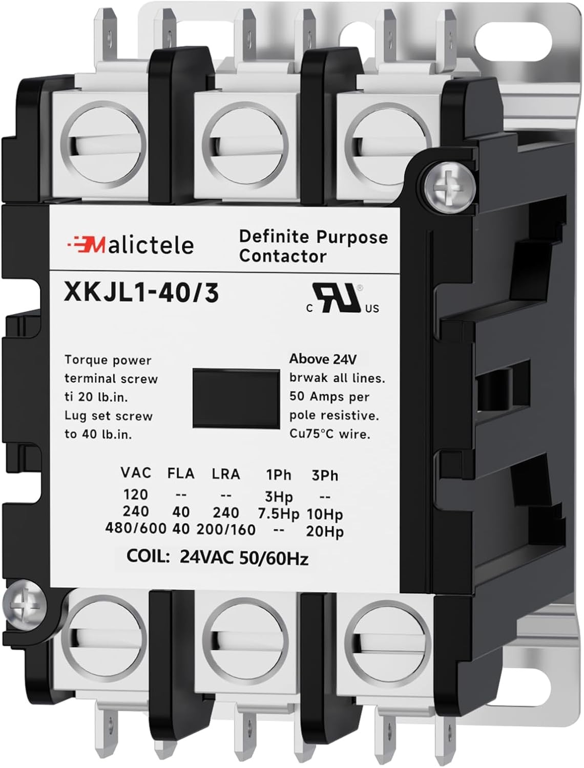 AC Contactor, 3 Pole 40 Amp 24v Coil A2L Compliant Heavy Du Size: 3P 40A 24VAC