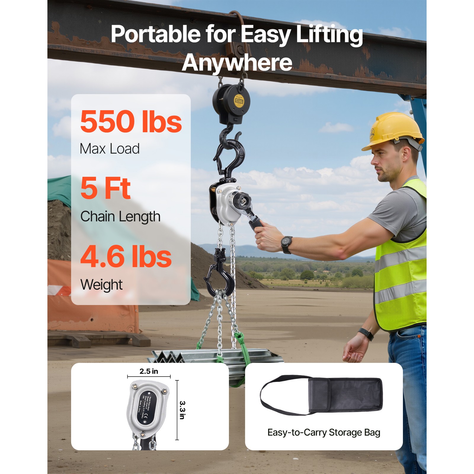 Uimoso Manual Lever Chain Hoist 550 lbs Capacity, 5 ft Lift, Durable Alloy Steel