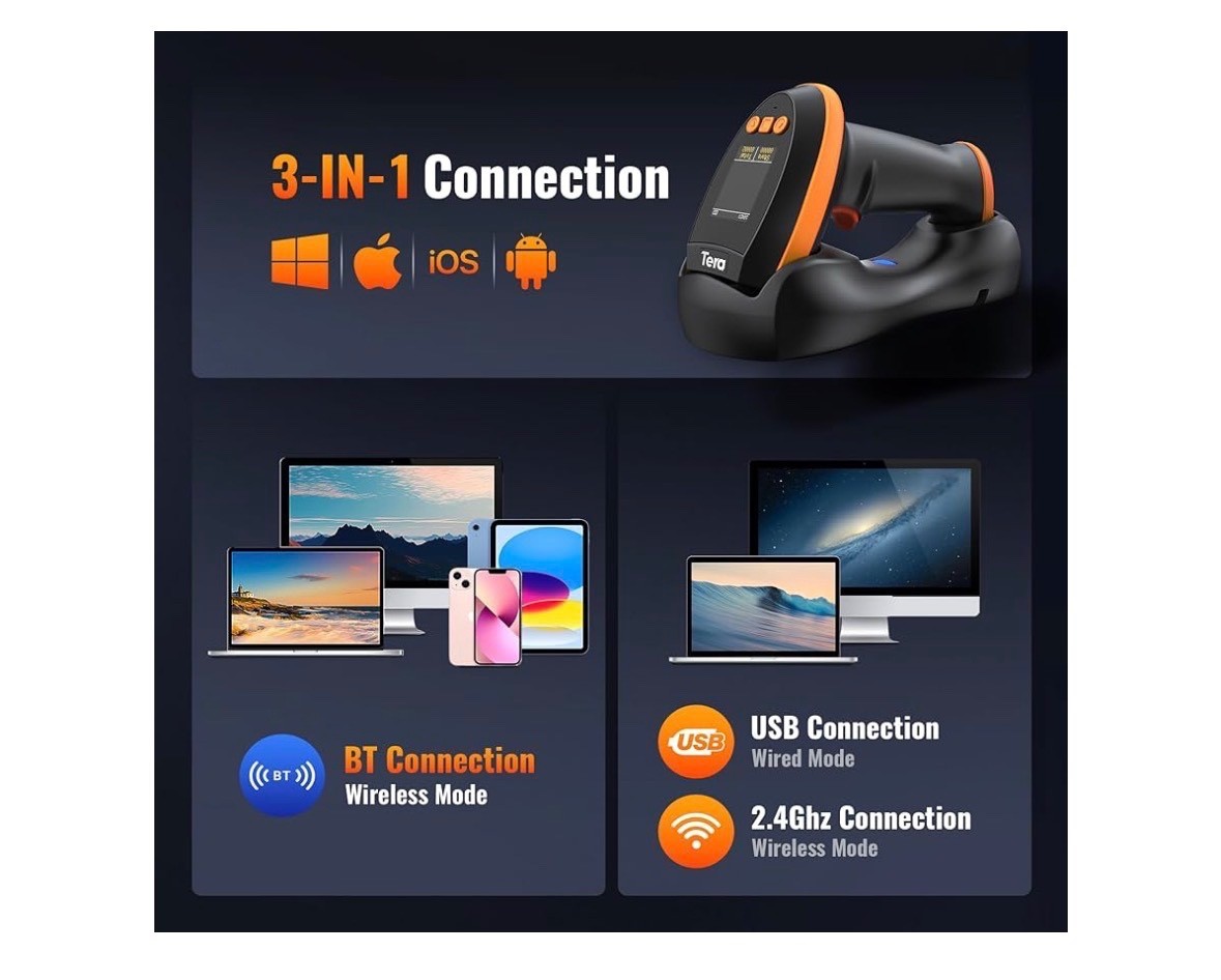 Tera Barcode Scanner Wireless with Screen Pro Version 1D 2D QR HW0009 Orange