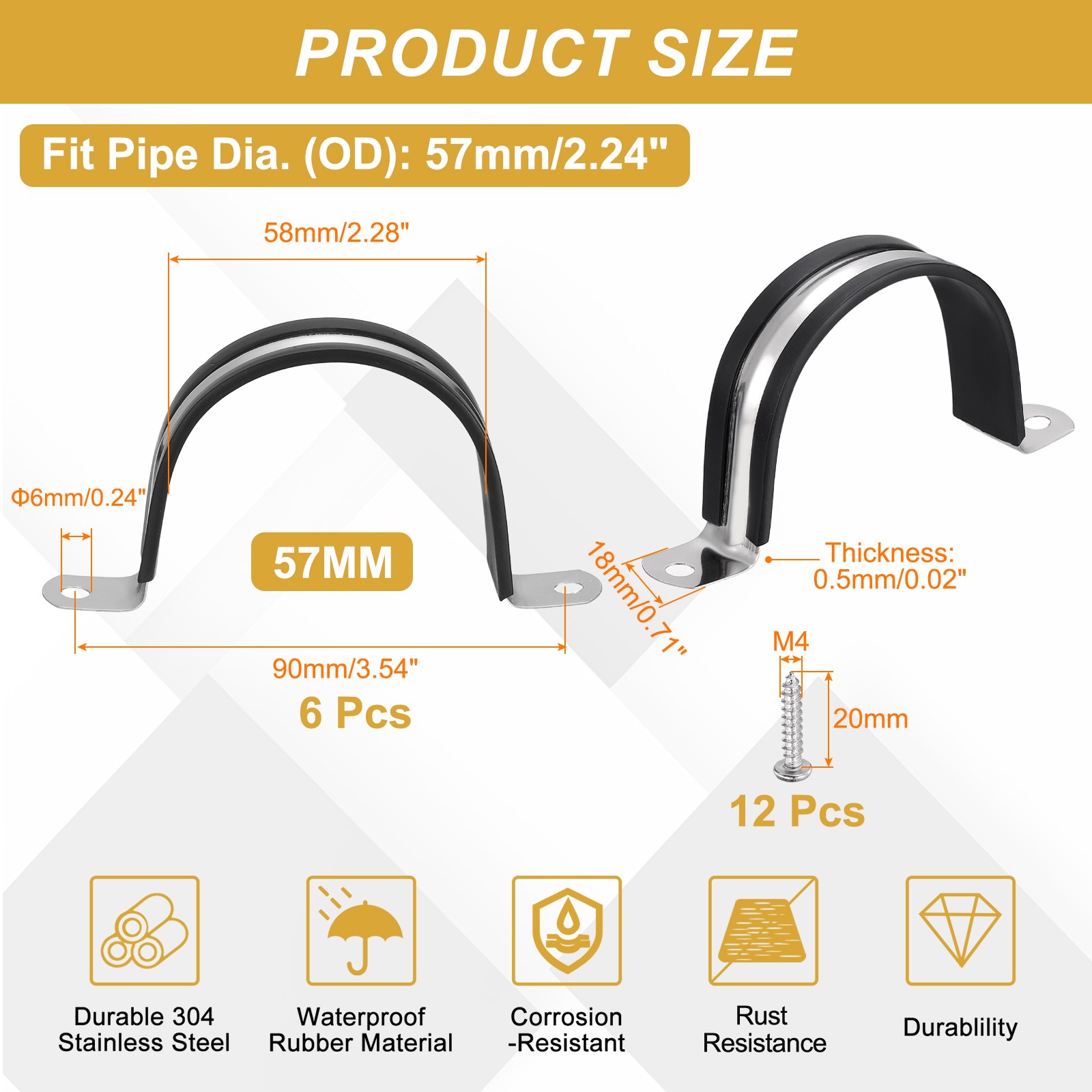 6pcs 57mm (2-1/4″) cable clamp, for rubber coated ties, black