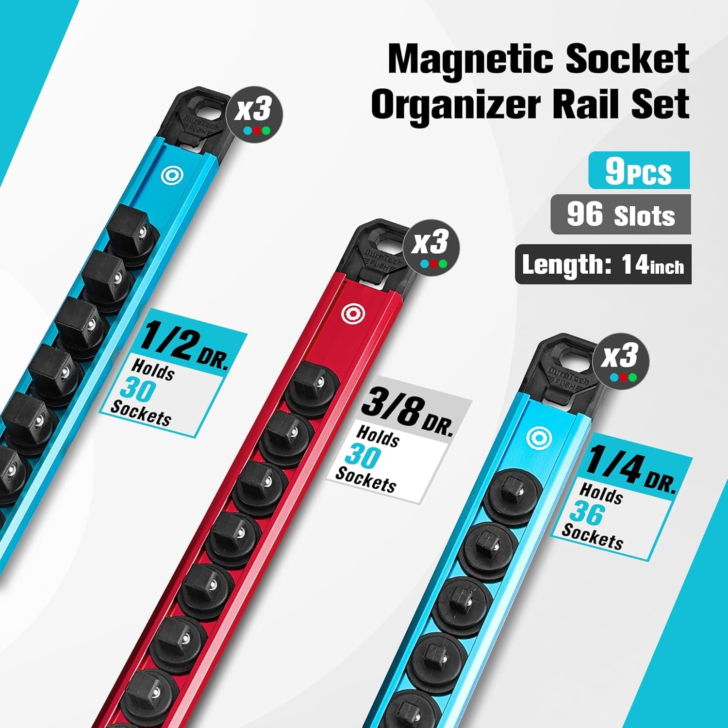 DURATECH 9PCS ALUMINUM MAGNETIC SOCKET ORGANIZER RAIL SET Socket Holder 96 Clips