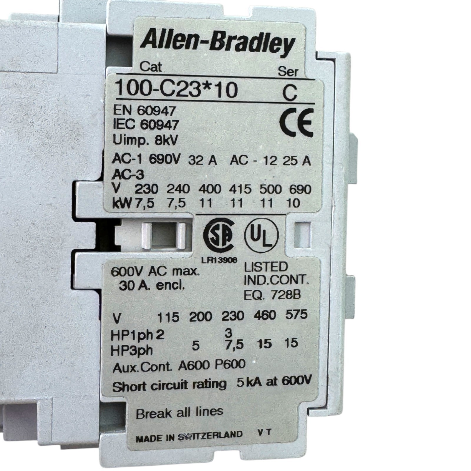 Allen-Bradley 100-C23*10 Ser C Contactor 32A 600V AC Max Made in Switzerland
