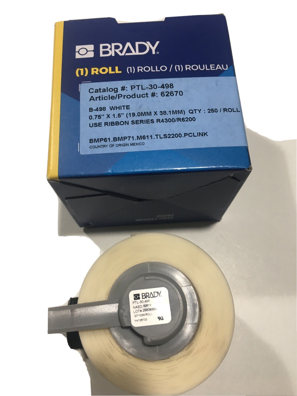 🇺🇸BRADY PTL-30-498 Label,White,Vinyl Cloth,1.5” X .75”. 250 Labels Per Roll.