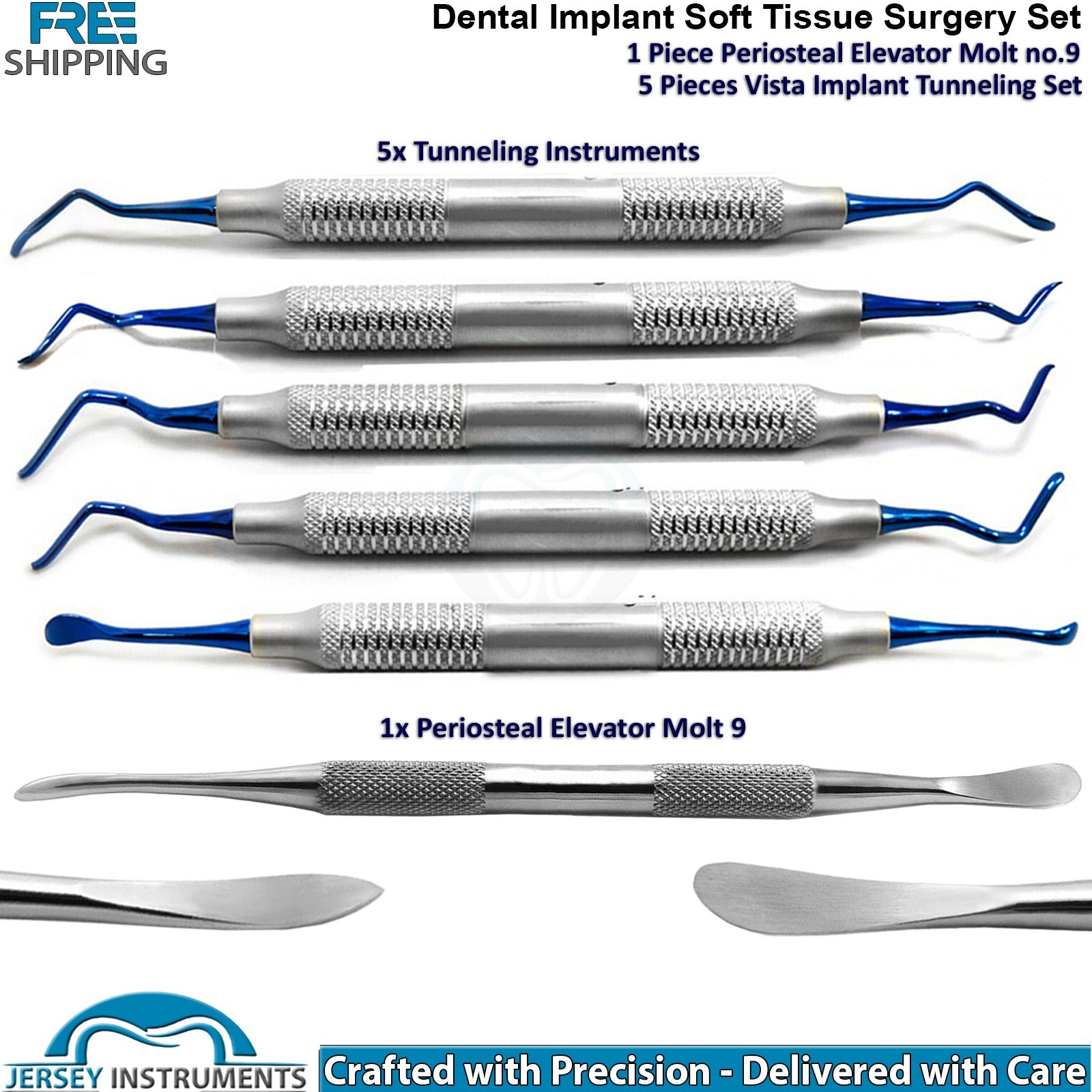 Set of 5 Implant Surgery Tunneling Elevators Blue Tip Dental Surgical Instrument