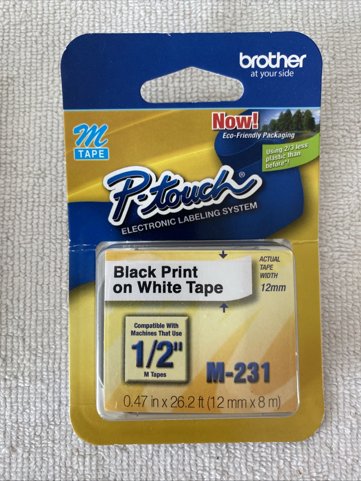 2Brother P-Touch M-Tape M-231 1/2″ BLACK on WHITE .47 In × 26.2 Ft (12 mm × 8 m)