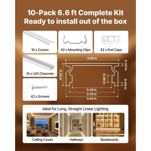 10-Pack 6.6 ft/2M U Shape LED Aluminum Channel, with Milky Cover, End Caps and