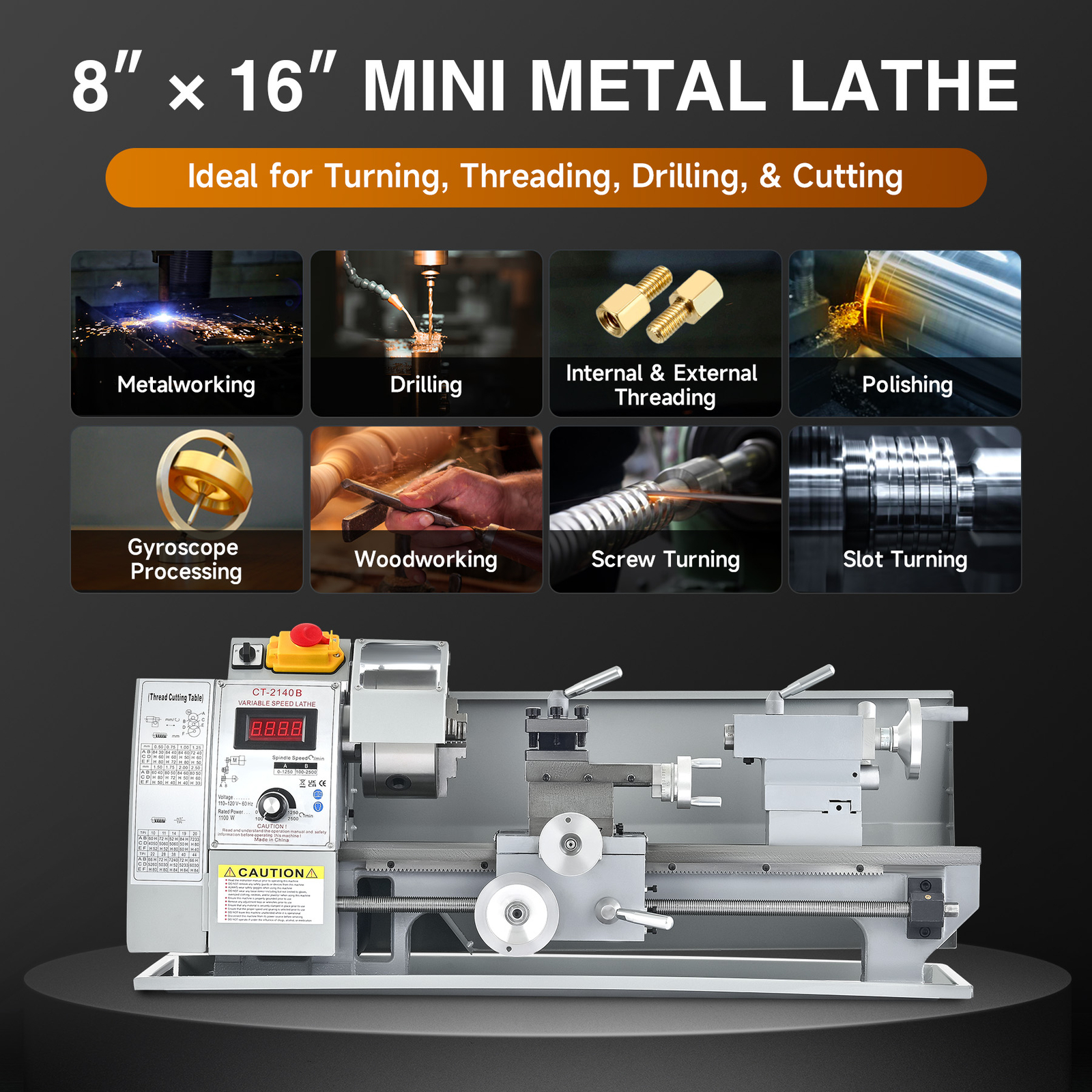 8×16″ Mini Metal Lathe Digital Metal Gear Brushless-Motor Full-Set 1.5HP