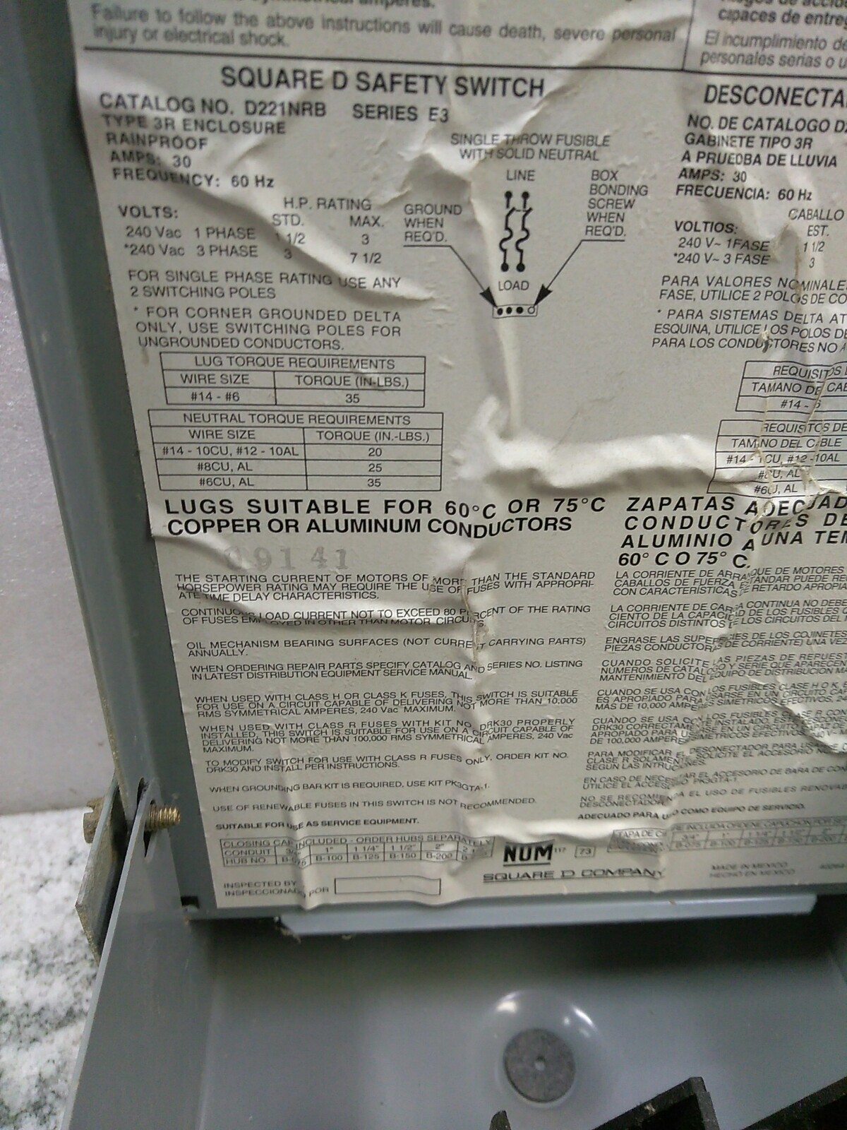 Square D D221NRB SER E3 Disconnect 30A 240VA SAFETY Switch TYPE 3R (BMBS-2B