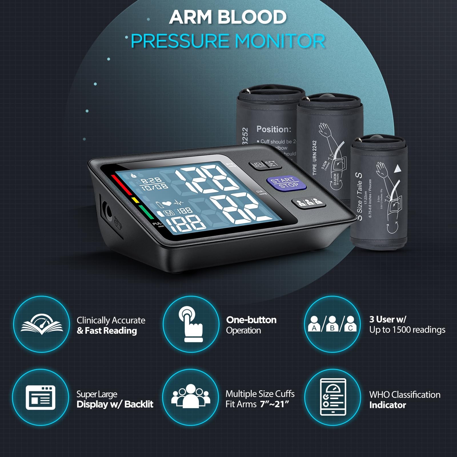 Blood Pressure Machine Upper Arm, 3 Size Cuffs, S, M/L and XL, x-Large, Black