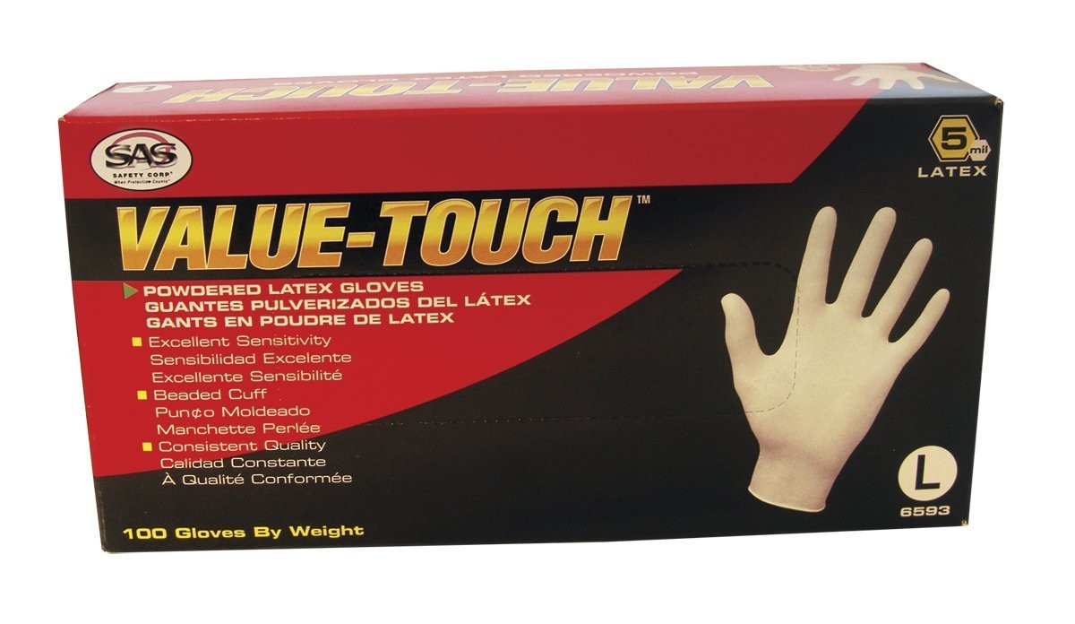 SAS Safety 6593 Value-Touch Disposable Latex 5 Mil Gloves, Large, 100 Gloves