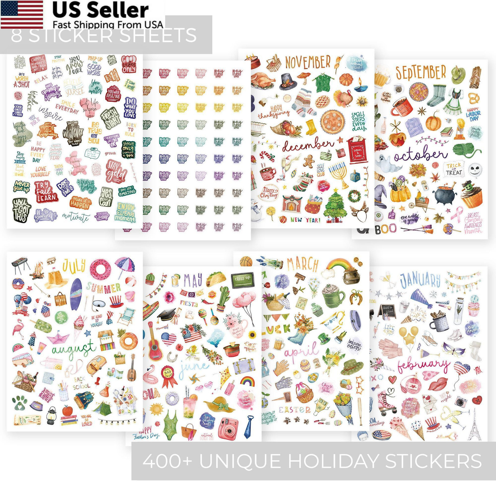 Aesthetic Monthly Planner Stickers – Beautiful 8 sheets (6″ x 8″), Colorfuls