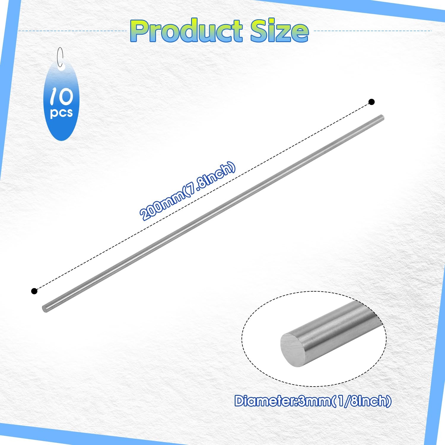 10 PCS 1/8 Inch 3mm x 7.8 Inch 200mm 316 Stainless Steel Round Solid Rod Craft