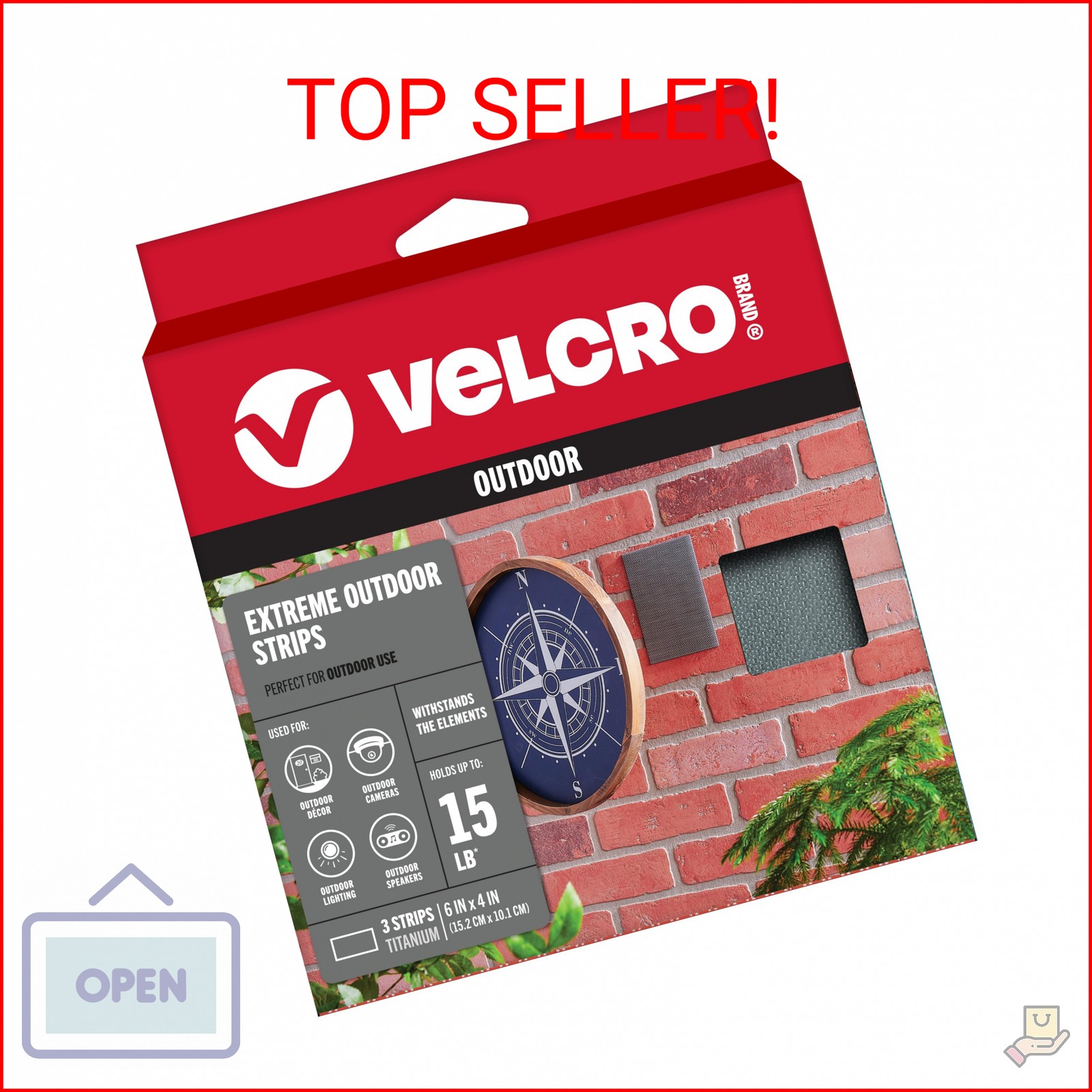 VELCRO Brand Outdoor Wide Heavy Duty Strips | 6″ x 4″ Pk of 3 | Holds 15 lbs | T