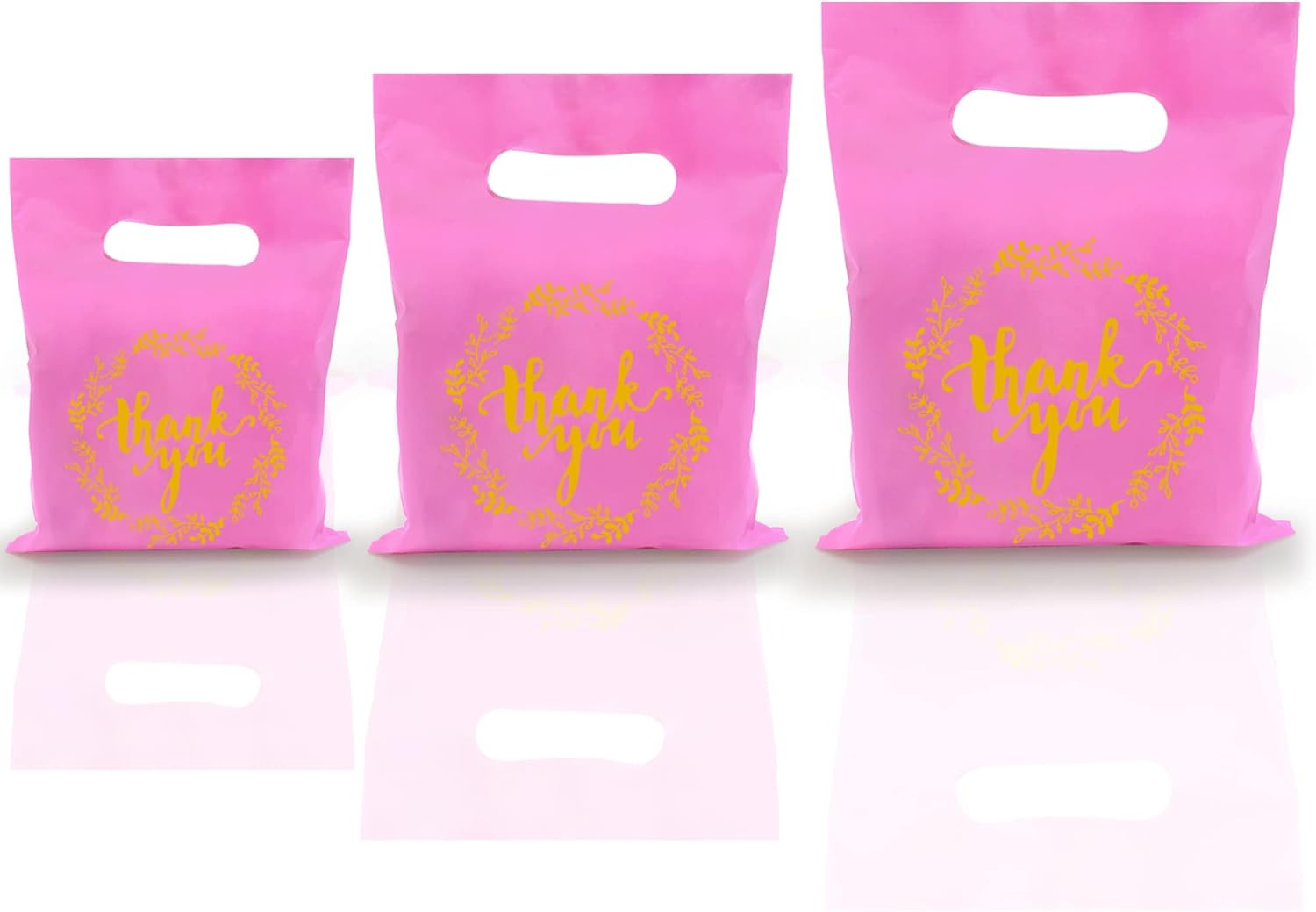 TOSPARTY 100 PCS 3 Sizes Thank You Plastic Merchandise Bags Shopping Bag with Ha