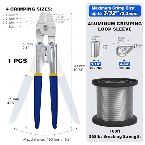 Wire Rope Crimping Tool Kit, 100ft 1/16″ Stainless Steel Wire Rope Cable with…