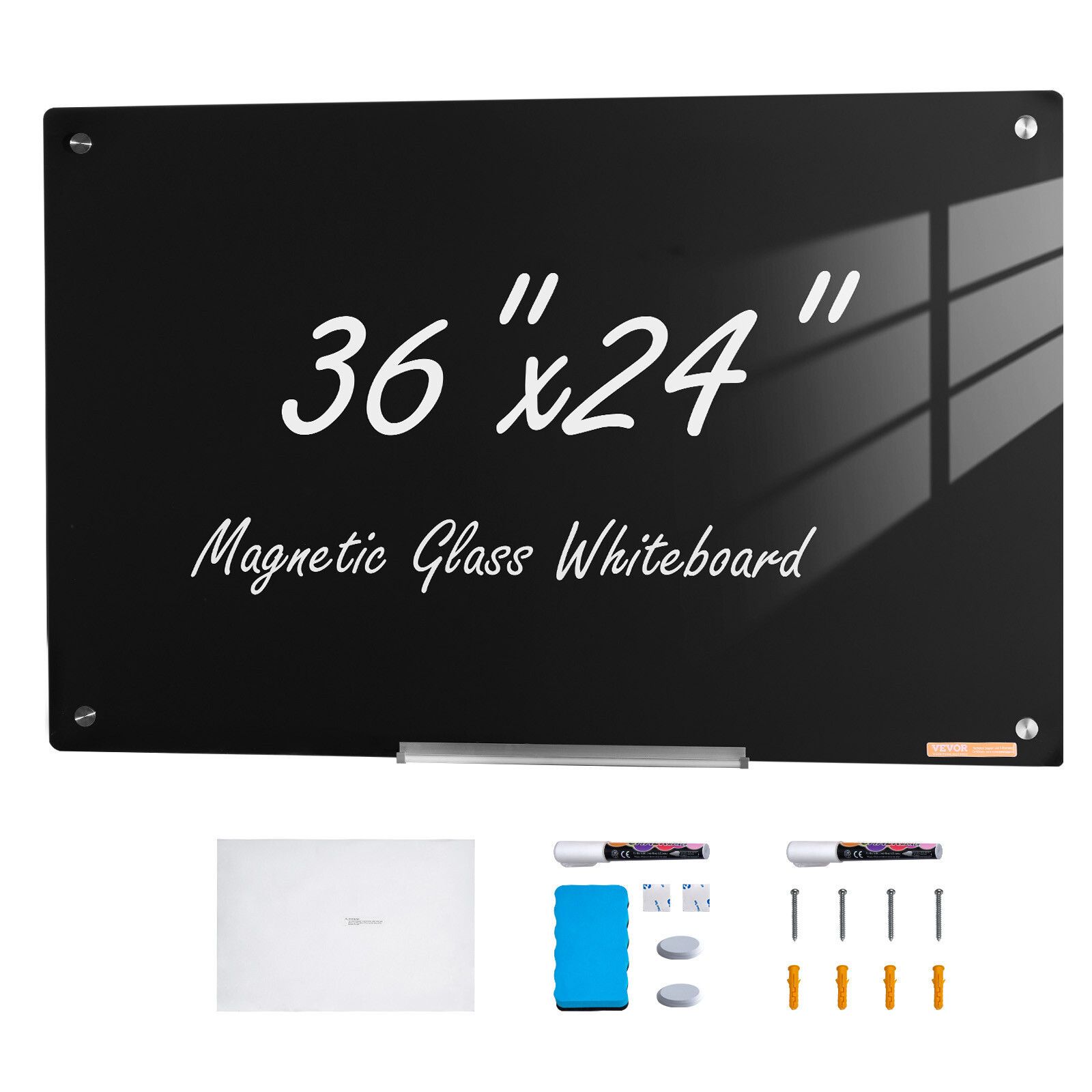 VEVOR Magnetic Glass Whiteboard Dry-Erase Board 36″x24″ Wall-Mounted Black