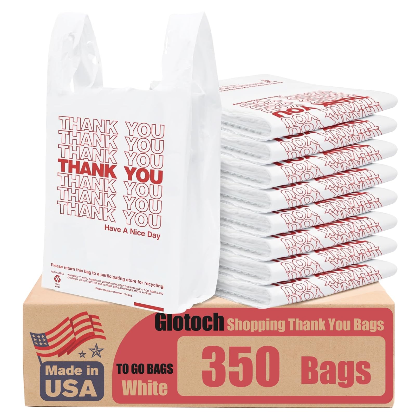 Glotoch Thank You Plastic Bags with Handle White (350 Count), 11.5 x 6.5 x 21…