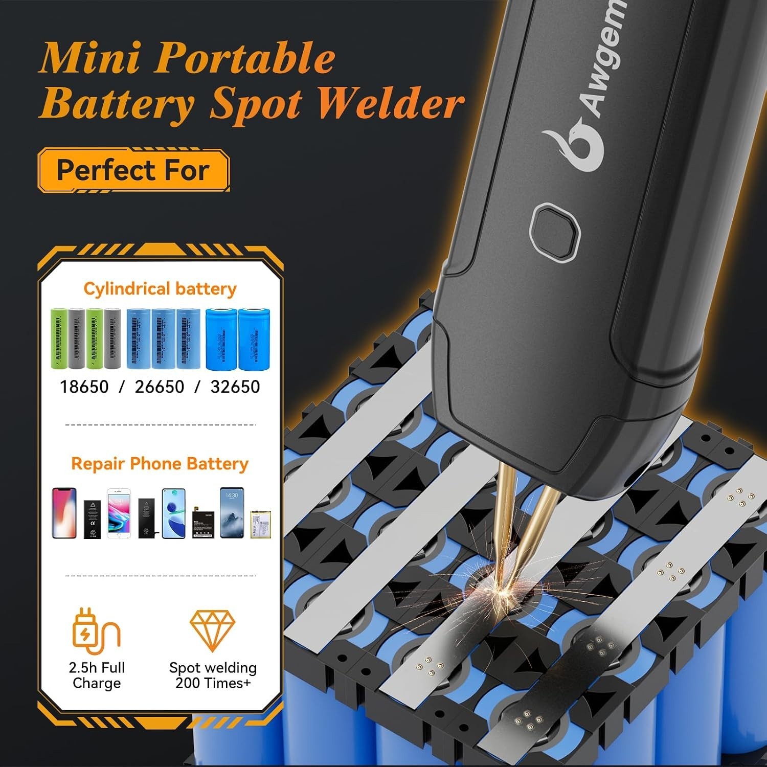 Awgem Handheld Portable Spot Welder 11 Gears Auto/Manual for 18650 Battery DIY