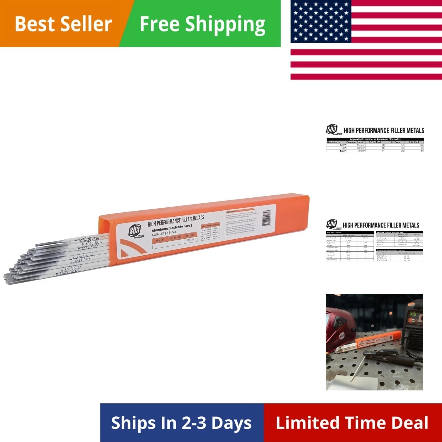 Aluminum E4043 Stick Electrode Rod 3/32″ x 14″ – 0.5 Lb = 26 Rods