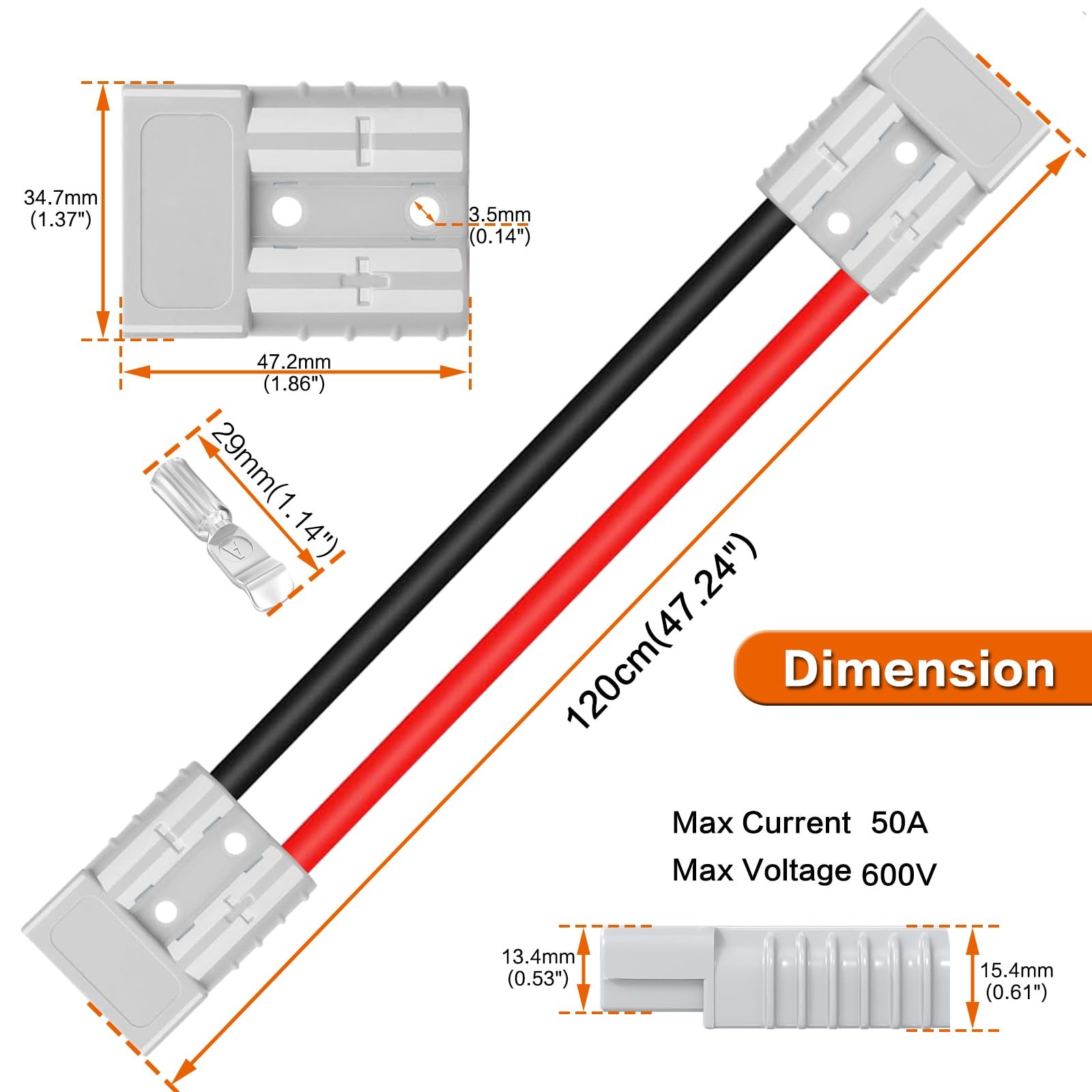 50 A 600 V Battery Quick Connector with Dual Anderson Connector Plug 6 AWG 120cm