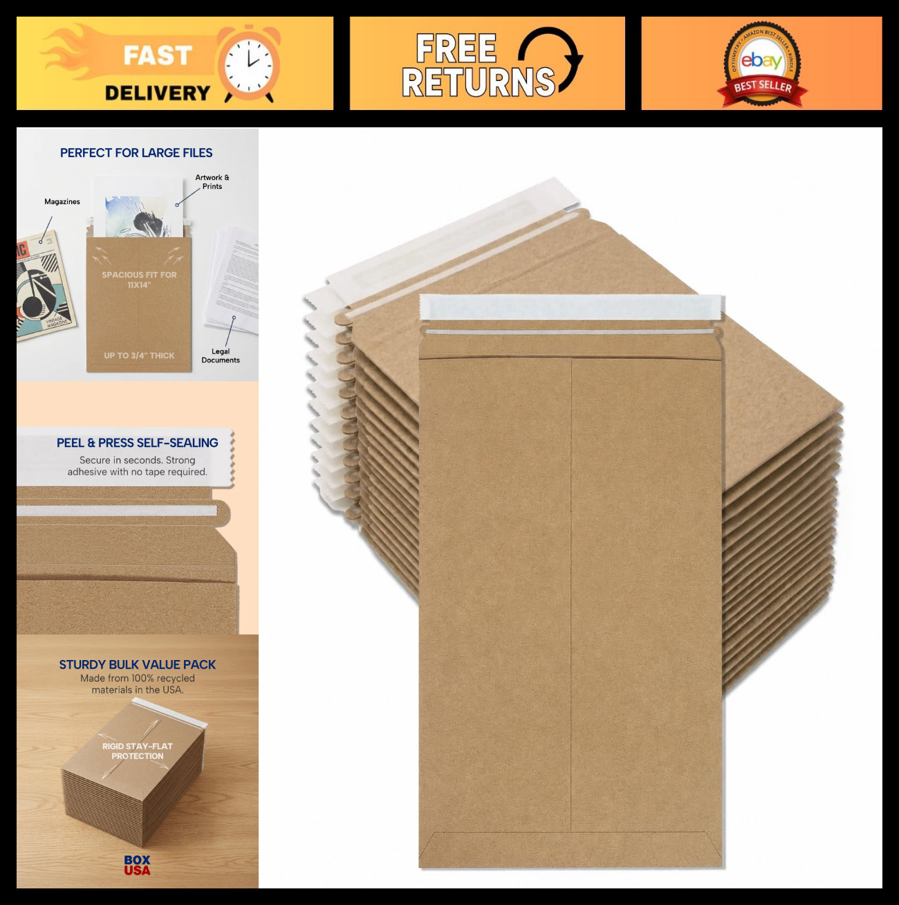 Rigid Mailers 12″ x 15″ (100-Pack) – Kraft Envelopes for Photos, Documents, Cert