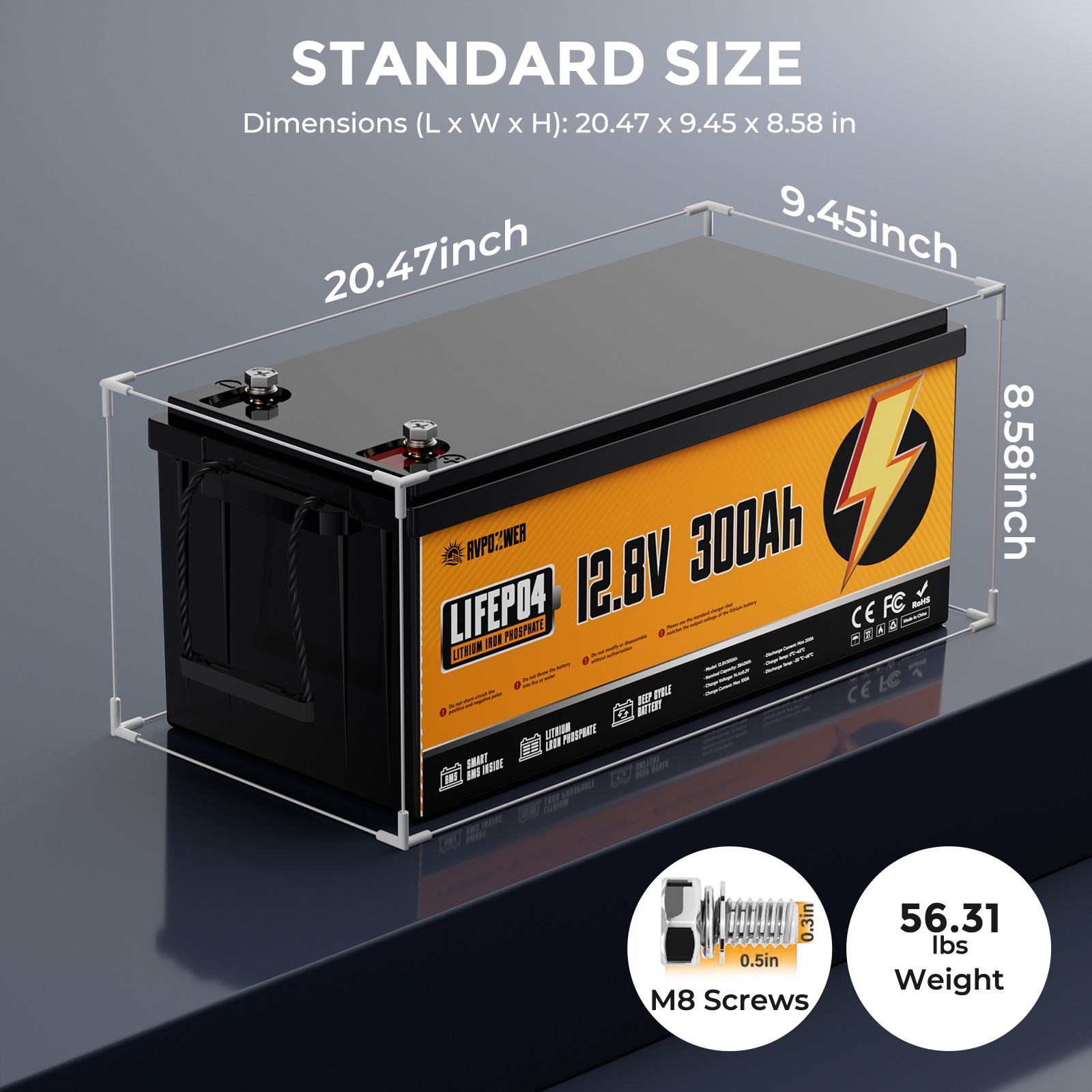 12V 300Ah Lithium LiFePO4 Battery 200A BMS for Golf Cart RV Marine Solar Panels