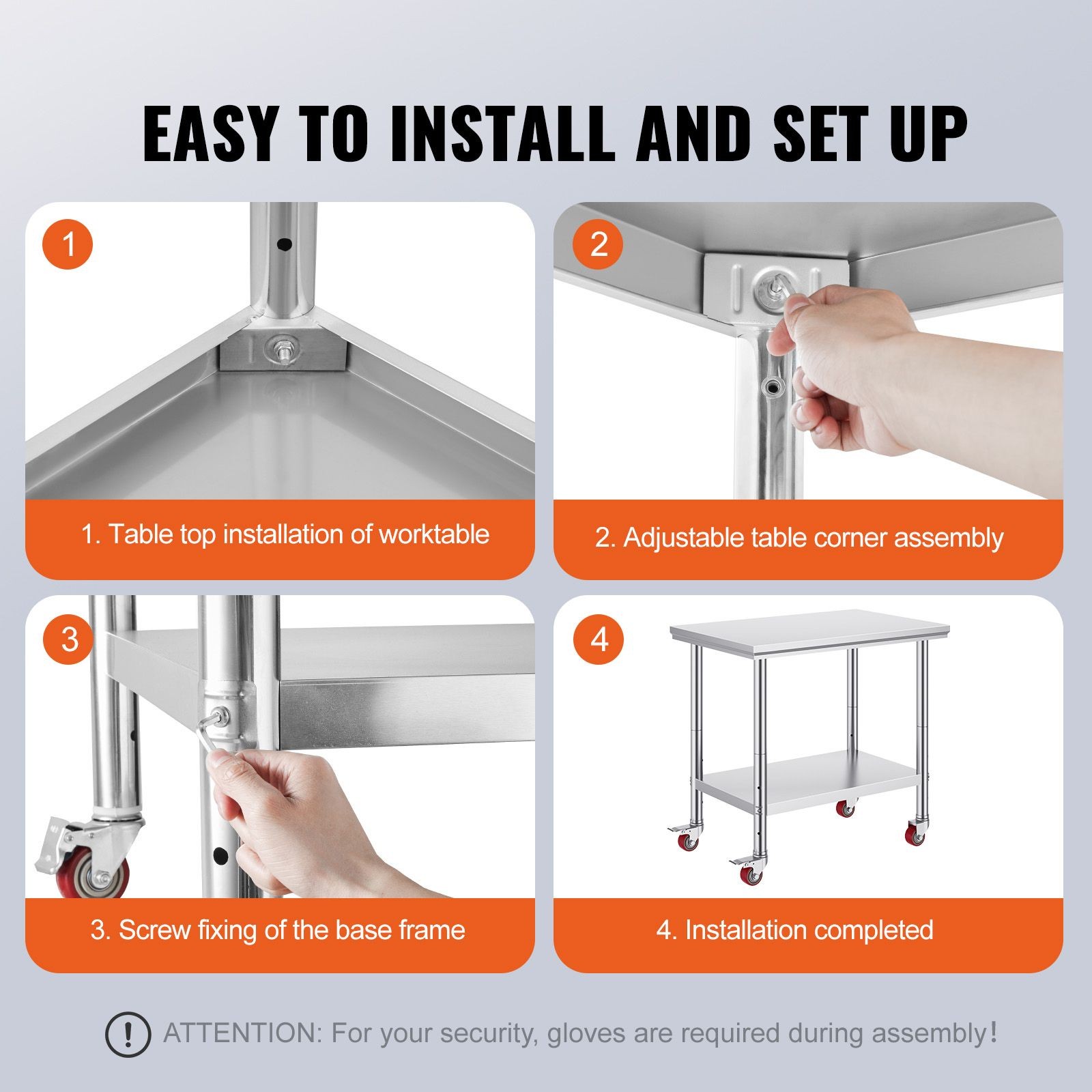 SUS201 Stainless Work Table 35″x24″, 700lb Load, Adjustable Shelves, Casters