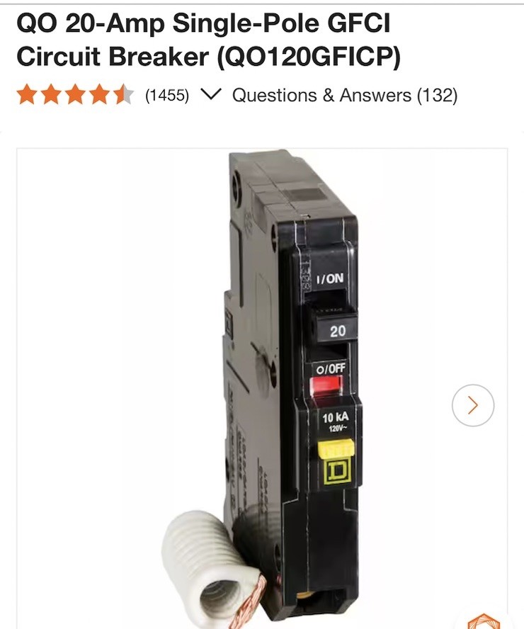 Square D QO120GFICP 20A 1-Pole 120V GFCI Circuit Breaker, Black