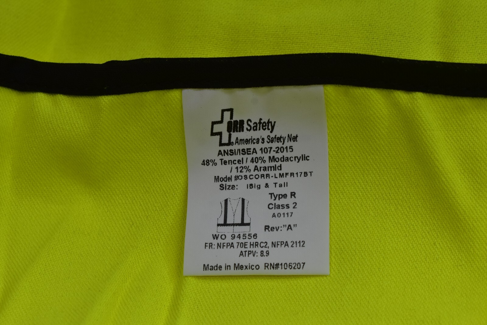 ORR Safety C2 Lime Yellow FR Flame Resistant Welders Vest Hi-Vis Size Big & Tall