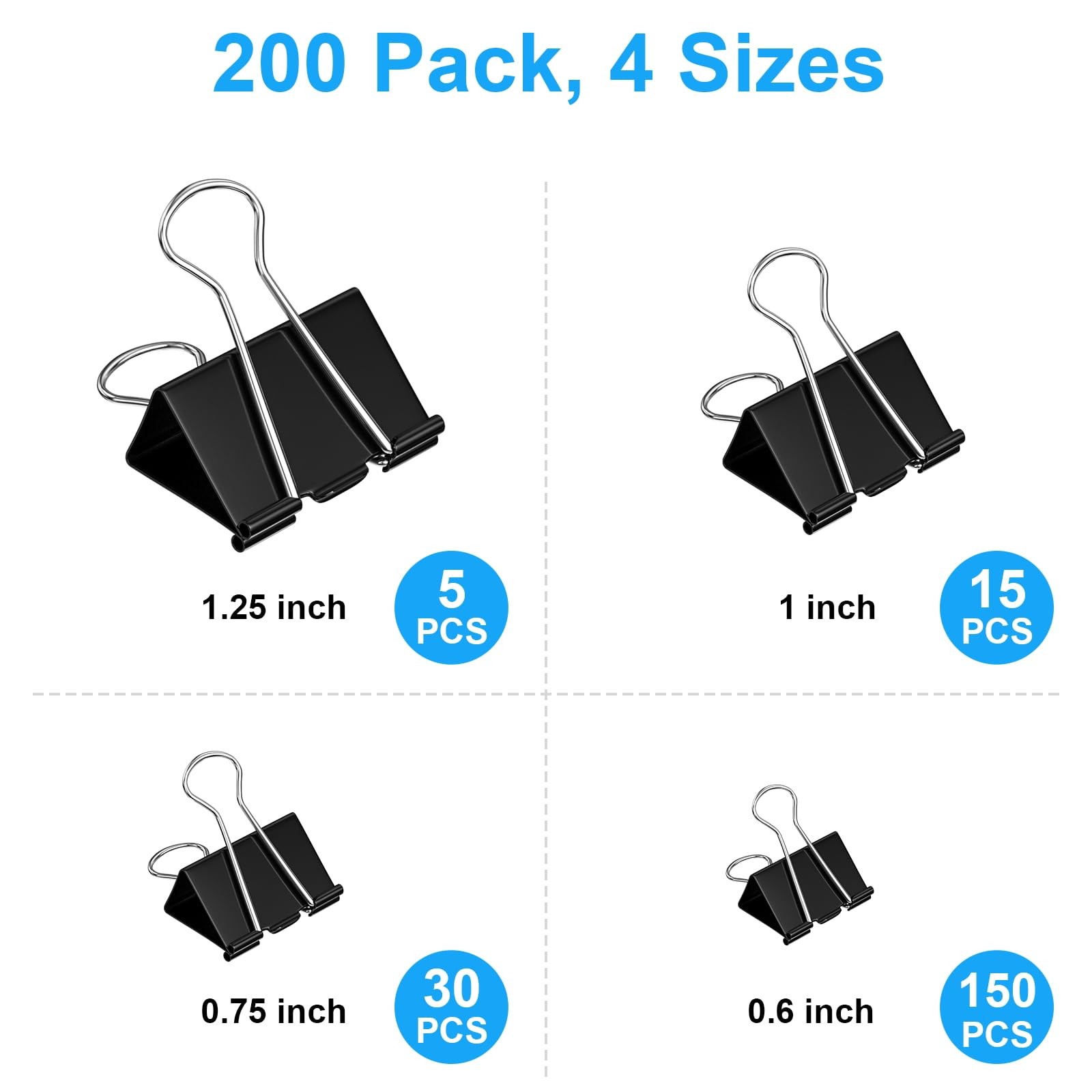 200 Count Binder Clips Assorted Sizes, 4 Sizes Large, Medium, Small, Mini, Metal